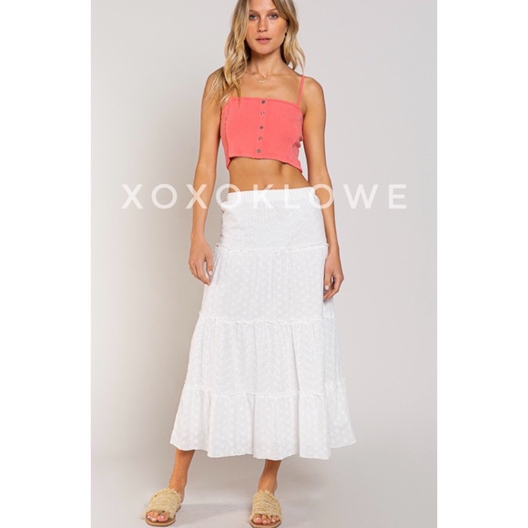 1 LEFT Embroidered Cotton Eyelet Tiered Princess Midi Skirt - Picture 4 of 10